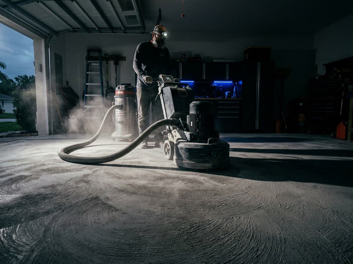 Diamond grinding a bare concrete slab before coating