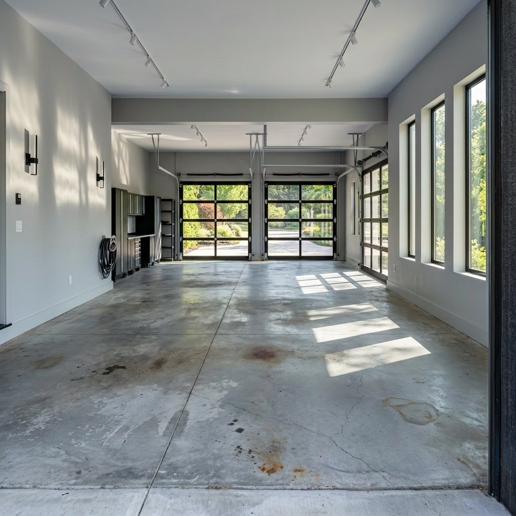 Residential garage as bare concrete before coating